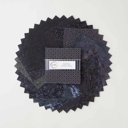 The Jaftex - Henry Glass Fabrics "I've Got Hue, Babe Pitch Dark" 5" Squares charm pack features precut fabric in a circular layout, showcasing subtle black, gray, and dark purple designs against a white background.