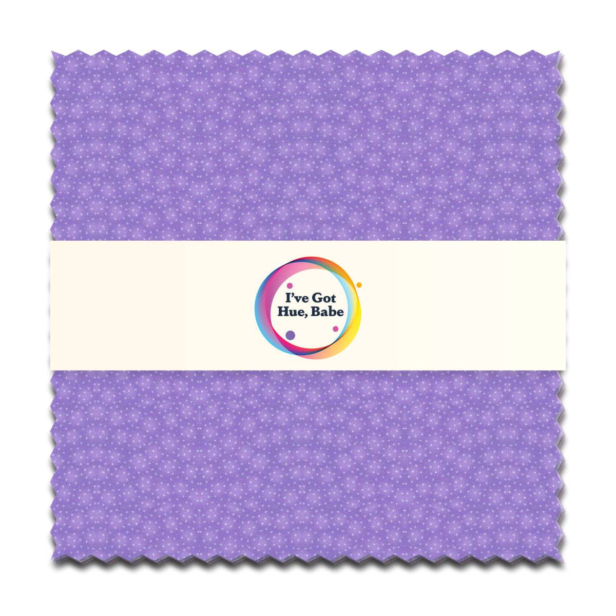 A 5" square of light purple fabric from I've Got Hue, Babe Purple Rain by Jaftex - Henry Glass Fabrics shows a subtle star print, wrapped in a cream band with a colorful circular logo and the text "I've Got Hue, Babe.