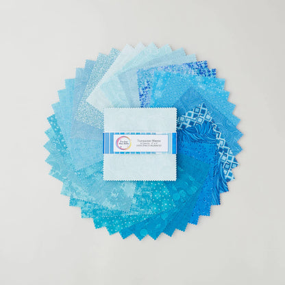 A variety of turquoise quilt fabric swatches in assorted patterns circle a central "I've Got Hue, Babe Turquoise Waves 5'' Squares" precut charm pack by Jaftex - Henry Glass Fabrics, all displayed on a light background.