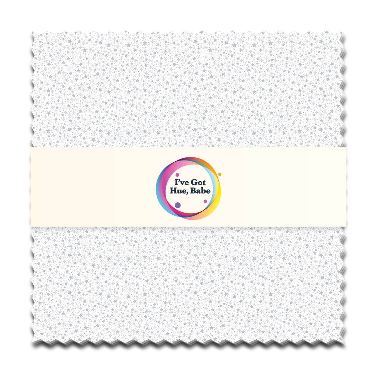 A white 5" square fabric swatch from the I've Got Hue, Babe White Knight pack by Jaftex - Henry Glass Fabrics features a subtle gray star pattern, cream band, and colorful logo—ideal for quilt precuts.