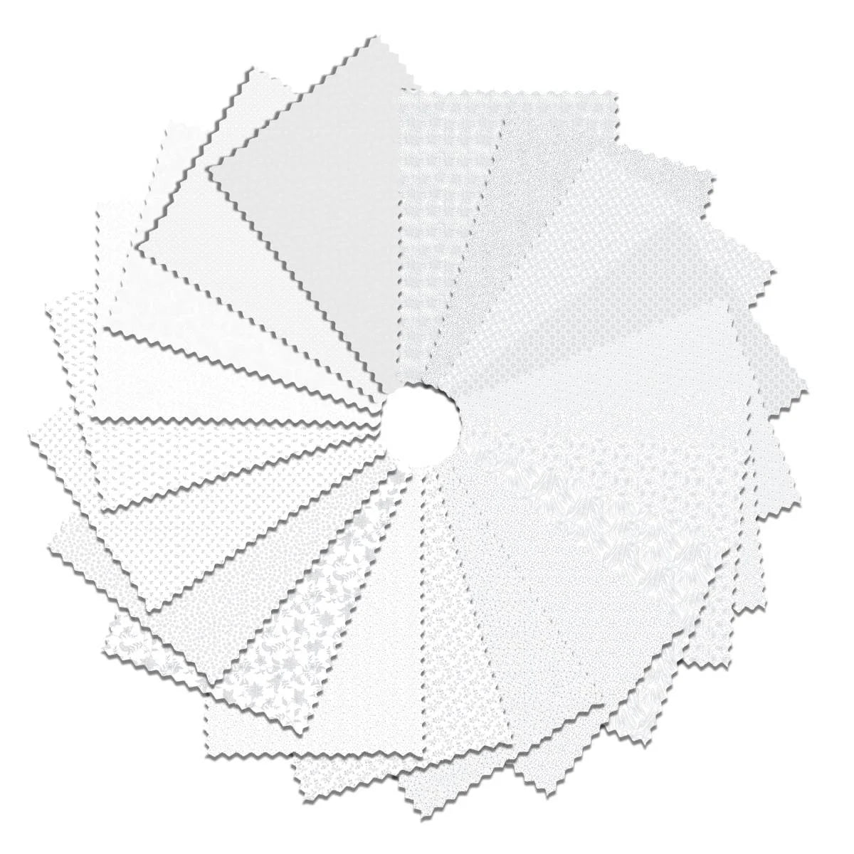 A circular fan of I've Got Hue, Babe White Knight 5" Squares by Jaftex - Henry Glass Fabrics showcases white textured fabric swatches with zigzag edges, each overlapping at the center like a quilt charm pack.
