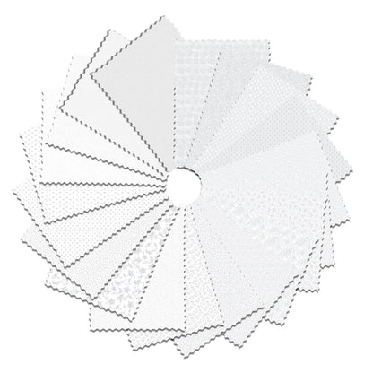 A circular fan of I've Got Hue, Babe White Knight 5" Squares by Jaftex - Henry Glass Fabrics showcases white textured fabric swatches with zigzag edges, each overlapping at the center like a quilt charm pack.