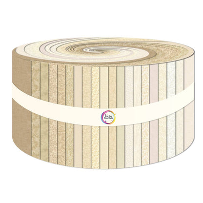 The Jaftex - Henry Glass Fabrics I've Got Hue, Babe Crème de la crem 2.5in Strips features a large roll of precut fabric strips in cream, beige, and ivory with subtle patterns and textures, secured with a white paper band.