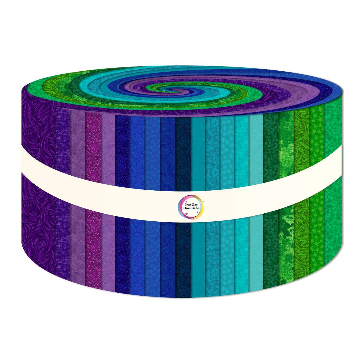 The "I've Got Hue, Babe Crown Jewels 2.5in Strips" by Jaftex - Henry Glass Fabrics features precut fabric strips in purple, blue, turquoise, and green—perfect for your quilt projects.
