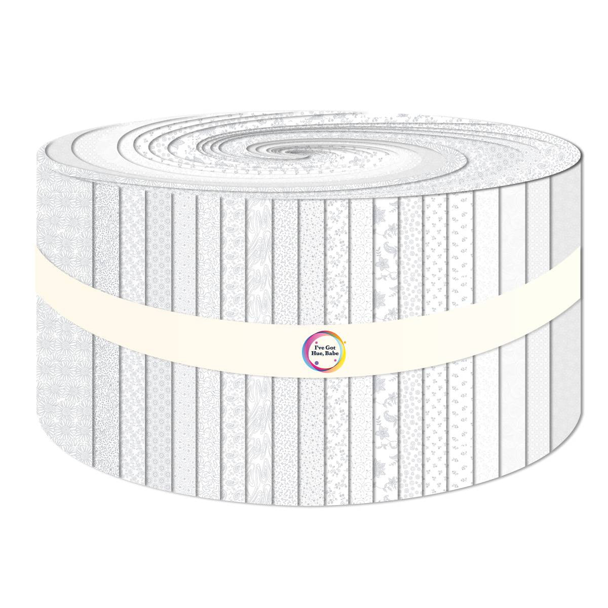 The Jaftex - Henry Glass Fabrics "I've Got Hue, Babe White Knight" 2.5in strips bundle includes white and light gray precut fabrics with subtle patterns—ideal for quilting and sewing projects.