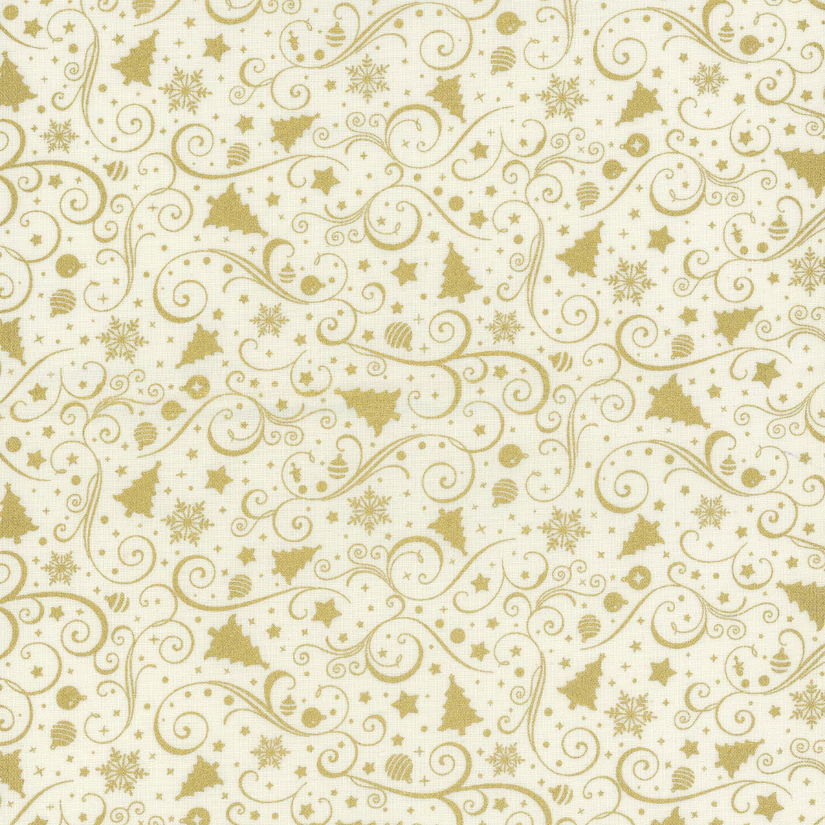 Holiday Blenders Cream Ornaments Metallic Fabric Yardage by Timeless Treasures features a festive gold Christmas pattern of swirls, stars, trees, holly leaves, snowflakes, and cream ornaments on white—ideal for holiday projects.