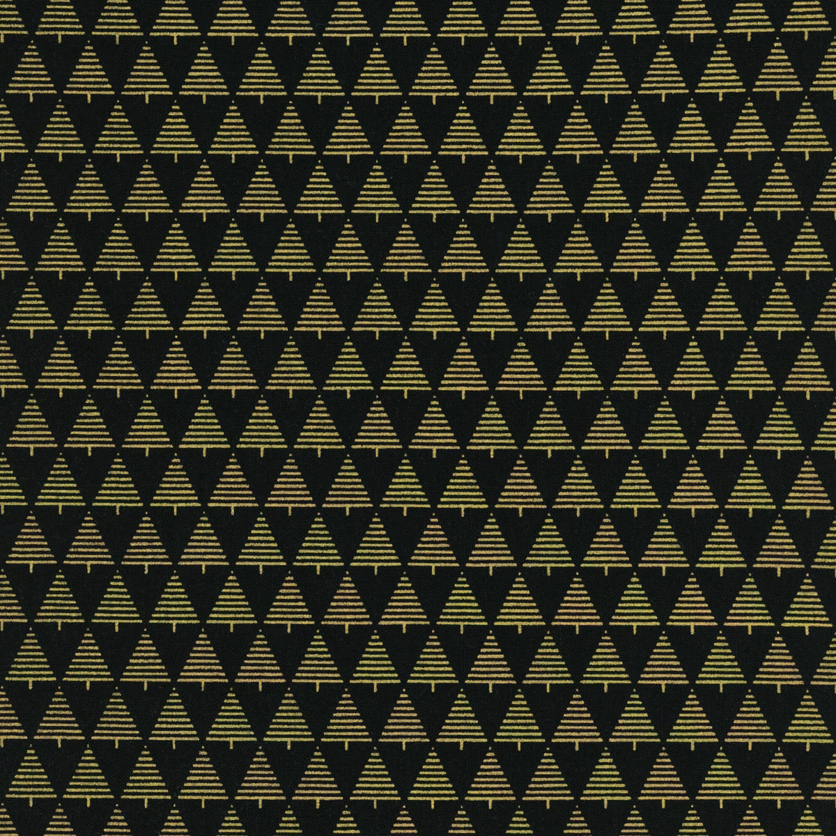Holiday Blenders Black Trees Metallic Fabric Yardage by Timeless Treasures features a seamless geometric pattern of yellow outlined triangles with horizontal stripes on a black background—ideal for modern Christmas fabrics.