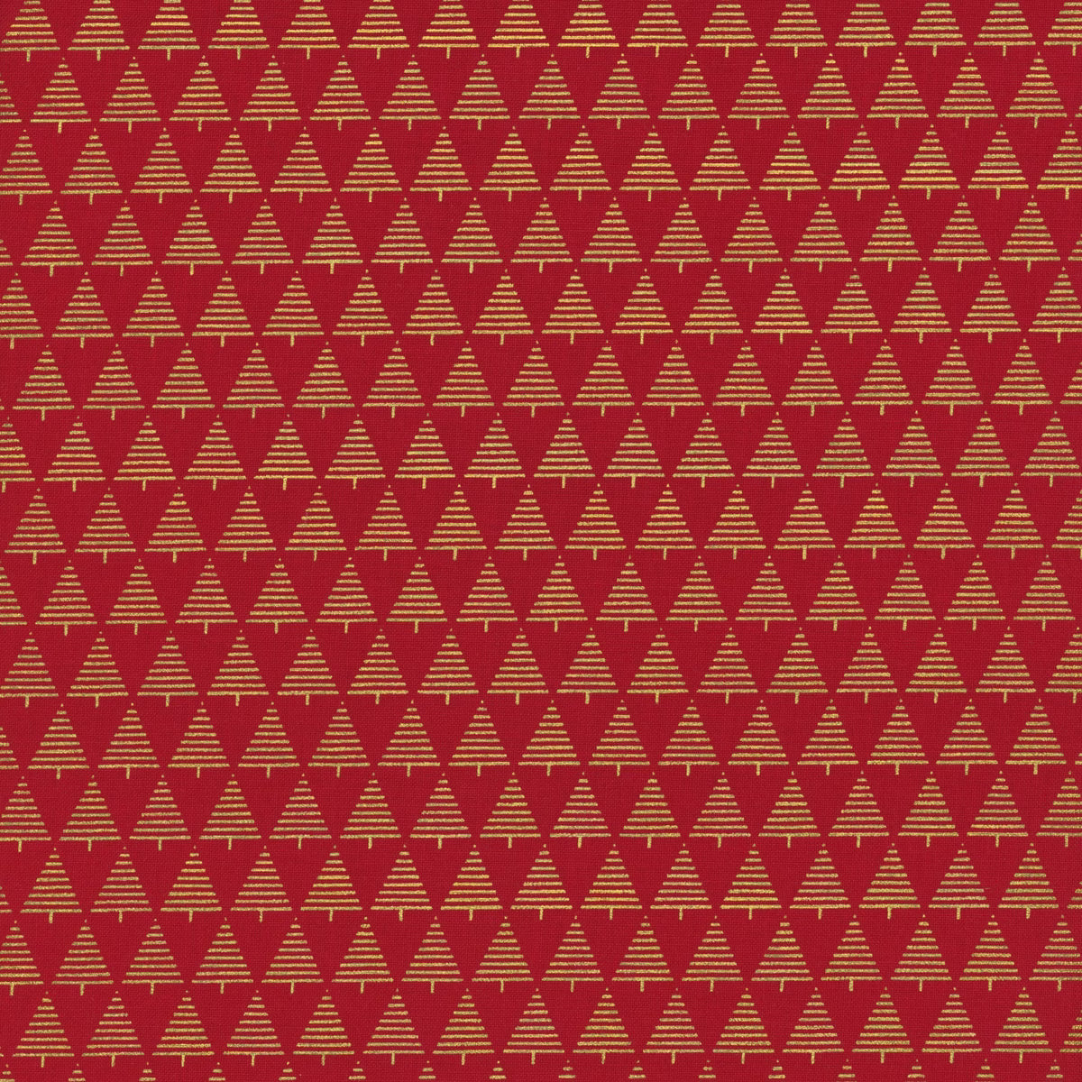 Holiday Blenders Red Trees Metallic Fabric Yardage by Timeless Treasures features a geometric pattern of small, gold-outlined triangles with metallic gold accents on a red background, perfect for festive Christmas projects.