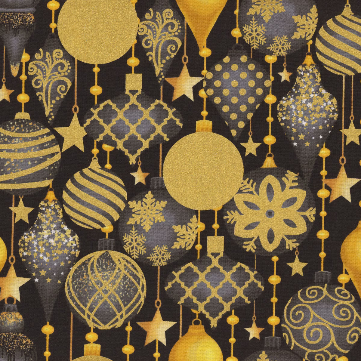 Merry Christmas Black Ornaments Metallic Fabric Yardage by Timeless Treasures features gold stars and snowflakes hanging on strings amid decorative ornaments, all set against a black background with metallic accents.