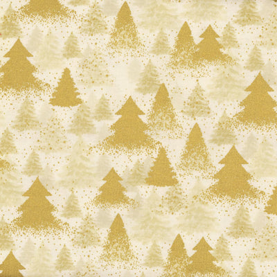 Merry Christmas Cream Golden Christmas Tree Metallic Fabric Yardage