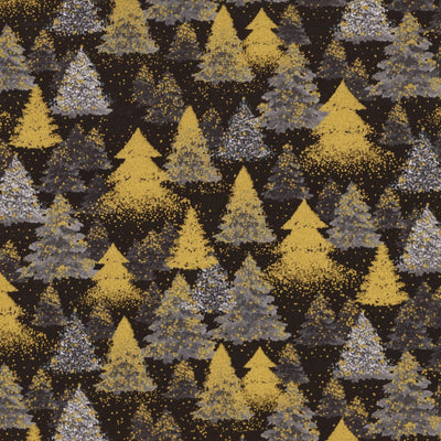 Merry Christmas Black Christmas Tree Metallic Fabric Yardage