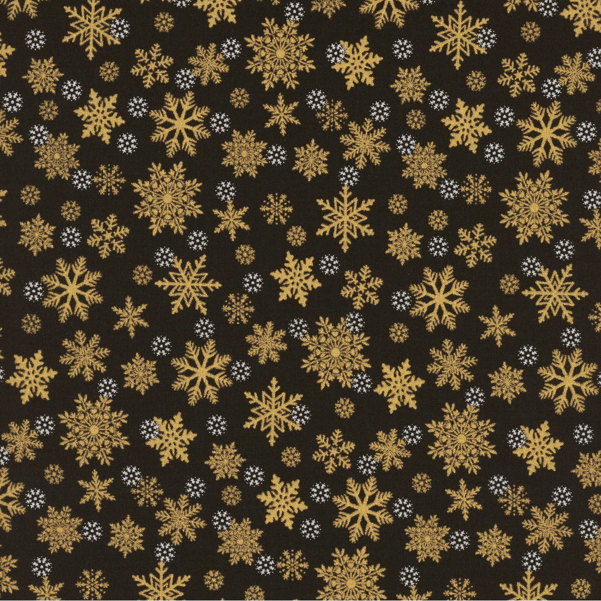 Merry Christmas Black Snowflakes Metallic Fabric Yardage by Timeless Treasures features gold and white snowflakes on a solid black background, adding festive elegance to holiday projects.