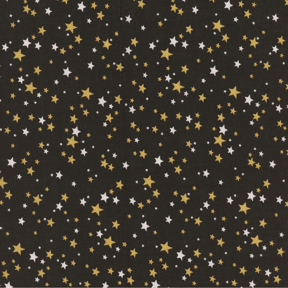 Patterned with scattered gold and white stars on a solid black background, Merry Christmas Black Stars Metallic Fabric Yardage by Timeless Treasures is perfect for festive projects or as sparkling Christmas fabric.