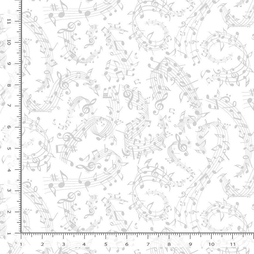 Timeless Treasures' Whiteout White Swirl Music Notes Fabric Yardage features light gray music notes, staffs, and symbols on white quilting cotton. Pattern measurements are shown with inch rulers bordering the left and bottom edges.