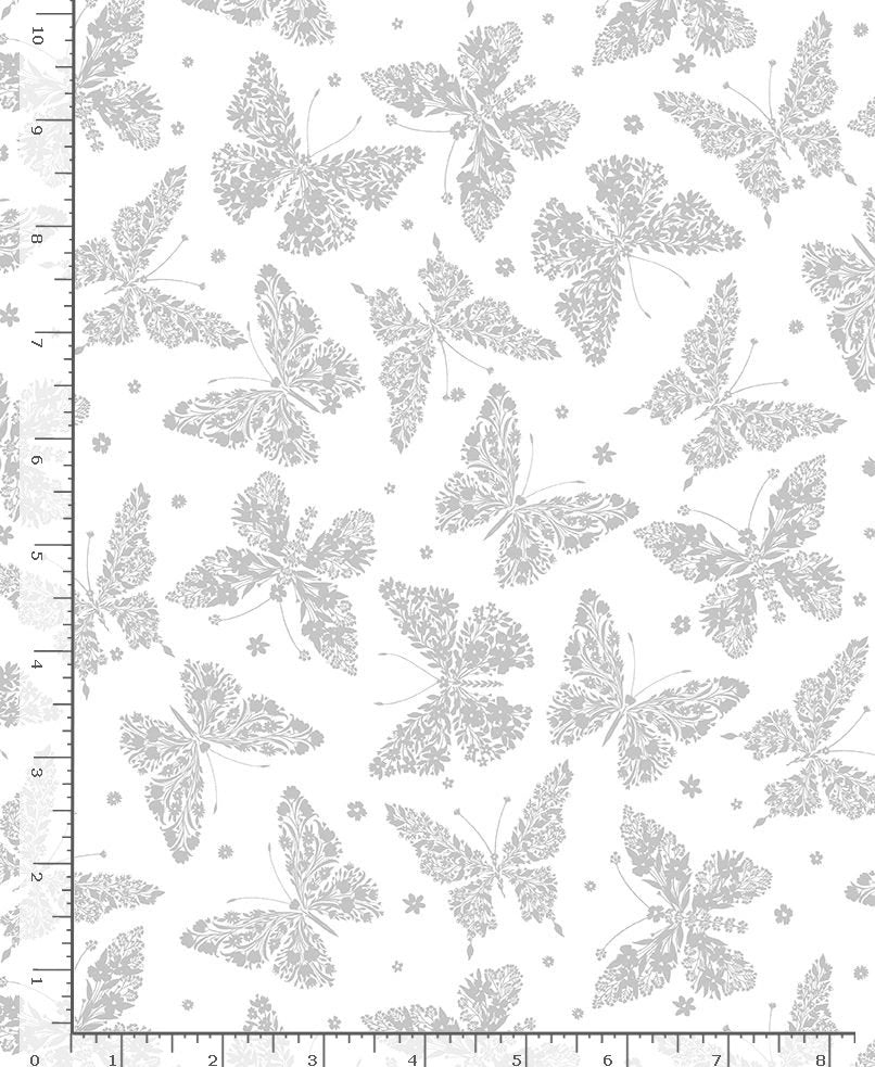 Whiteout White Floral Butterflies Fabric Yardage by Timeless Treasures features light gray butterflies and small flowers on white—perfect for quilting with detailed, evenly spaced designs and a ruler along the edge showing inches.