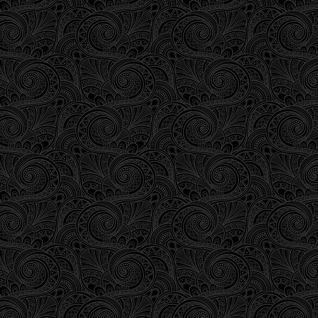 Elegant and sophisticated, Blackout Black Geo Swirls Fabric Yardage by Timeless Treasures features seamless black and dark gray paisley swirls—perfect for modern quilting projects needing textured geometric cotton backgrounds.