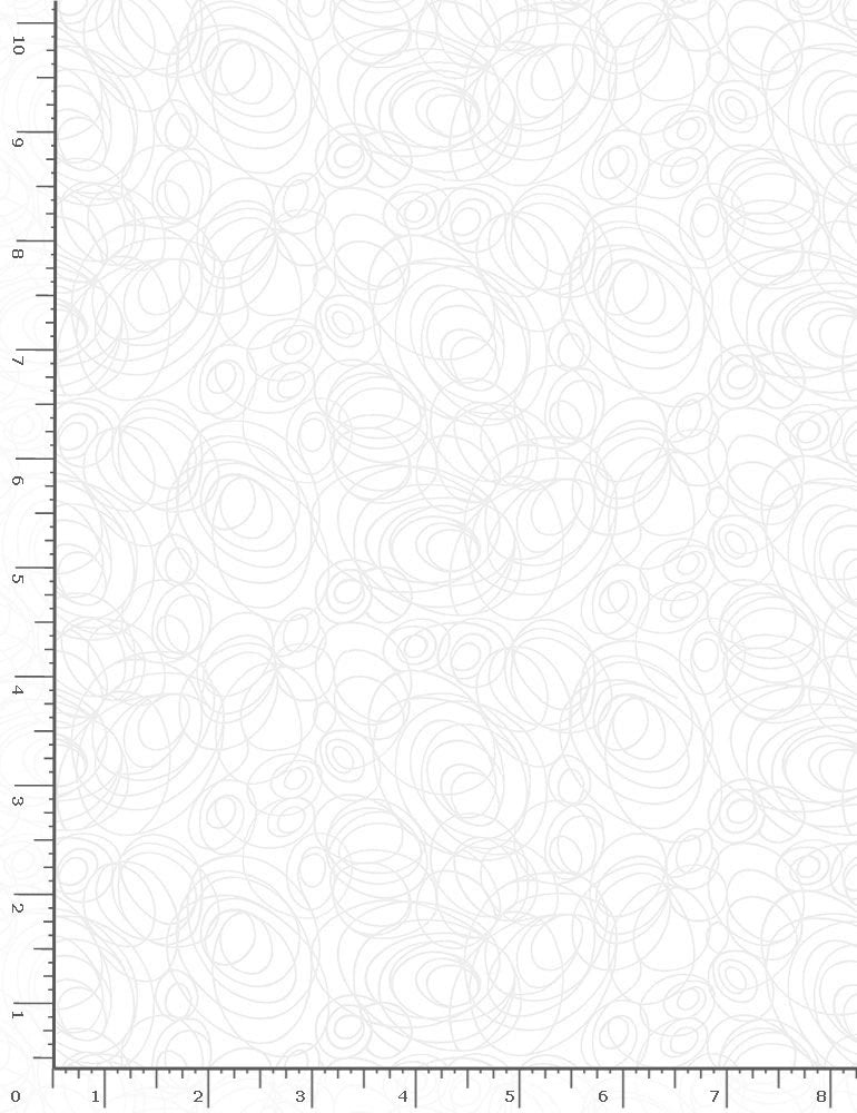The Timeless Treasures Whiteout White Scribble Fabric Yardage features a subtle light gray swirl pattern, perfect as a low-volume background. Rulers along the edges show measurements in inches: 0–10 vertically and 0–8 horizontally.