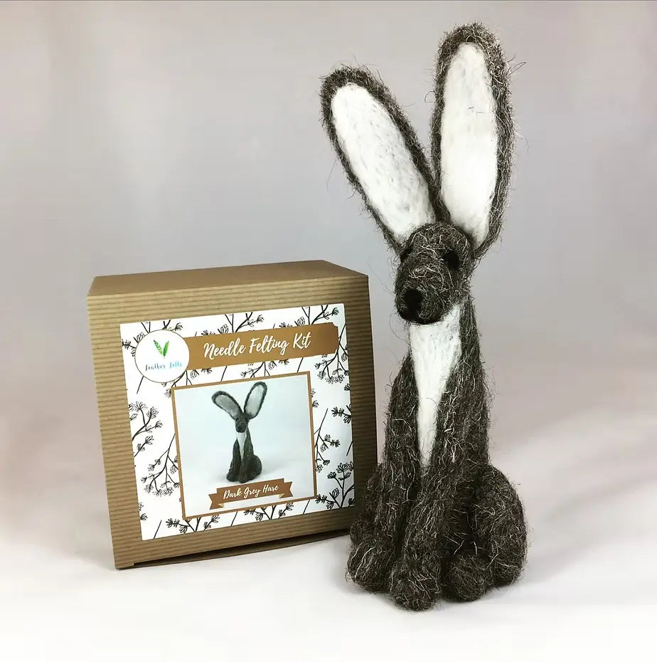 Grey Hare Needle Felting Kit - beginner British merino wool animal, 7-10 inches tall