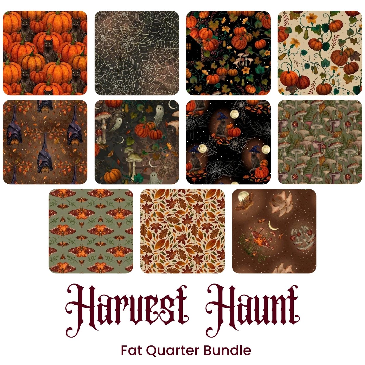 Ten autumn and Halloween quilting fabrics featuring pumpkins, bats, leaves, and moons. Below, “Harvest Haunt Fat Quarter Bundle” by Quilted Joy is shown in decorative font—a perfect bundle for seasonal projects.