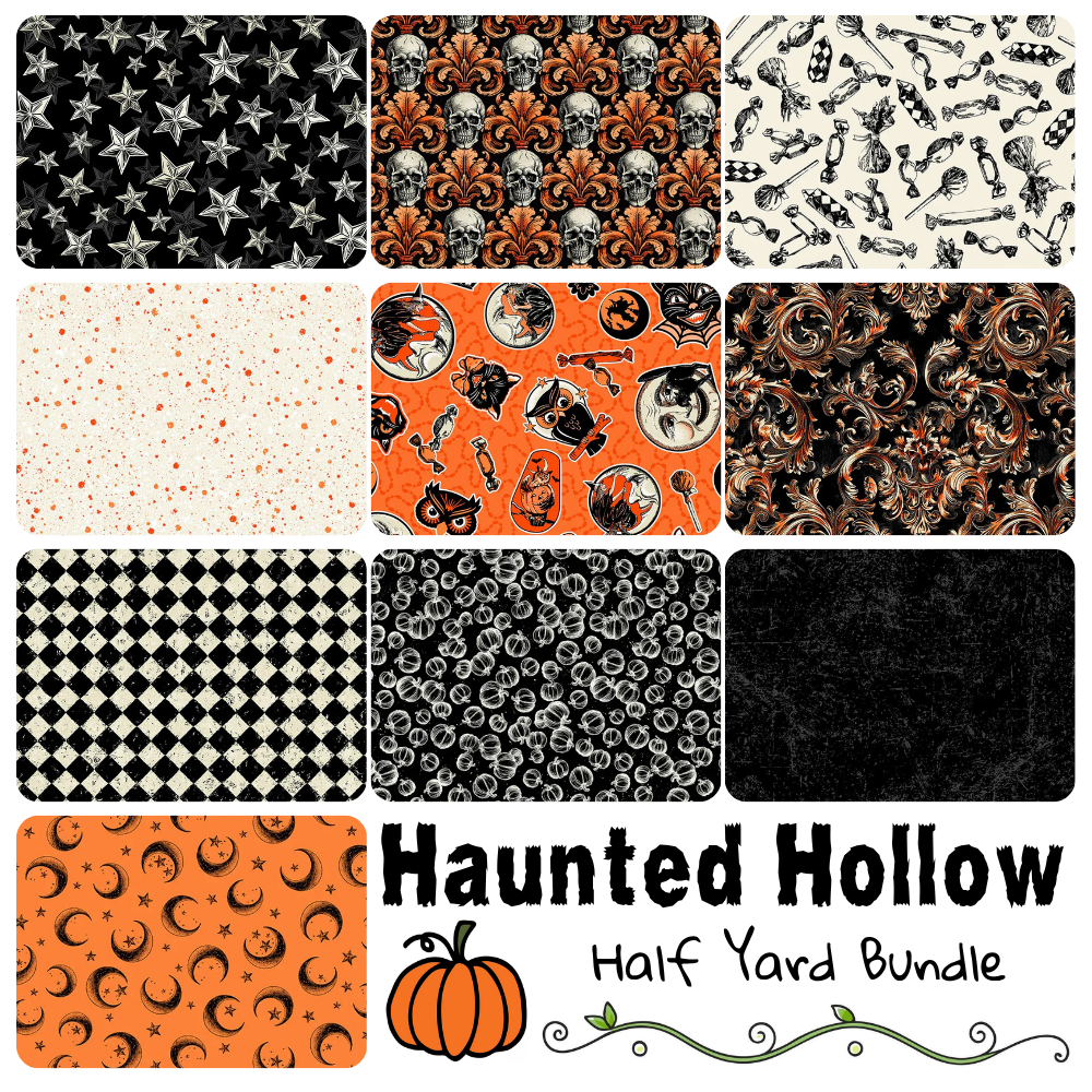 A collage of ten Halloween-themed fabrics in black, orange, and cream. Text reads: Northcott Haunted Hollow Half Yard Bundle—ideal as a Halloween fabric bundle for your next half yard quilt project.