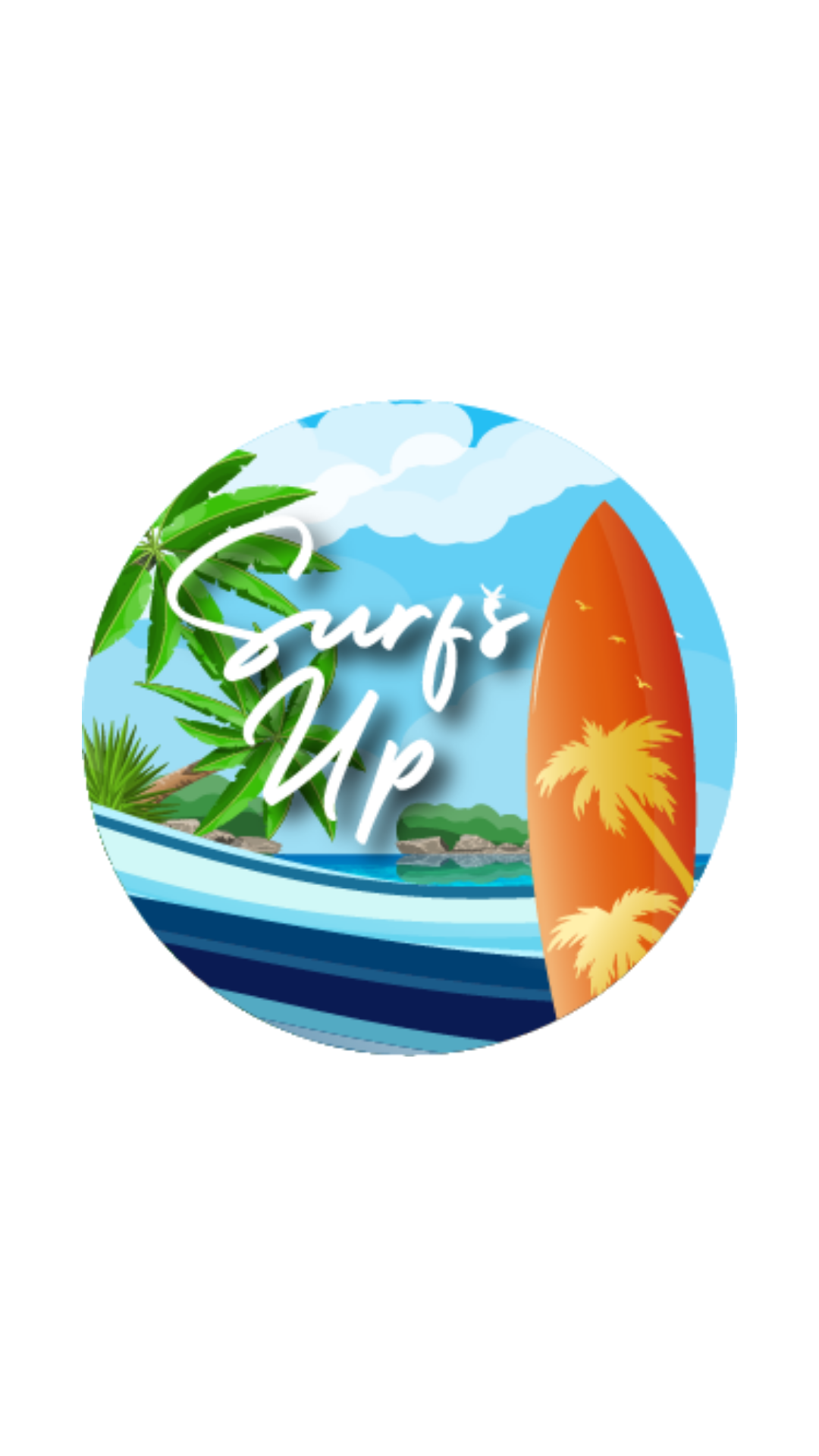 A round illustration with the words Surfs Up, showing a beach scene with a palm tree, an orange surfboard featuring palm designs, blue water, and a cloudy sky.