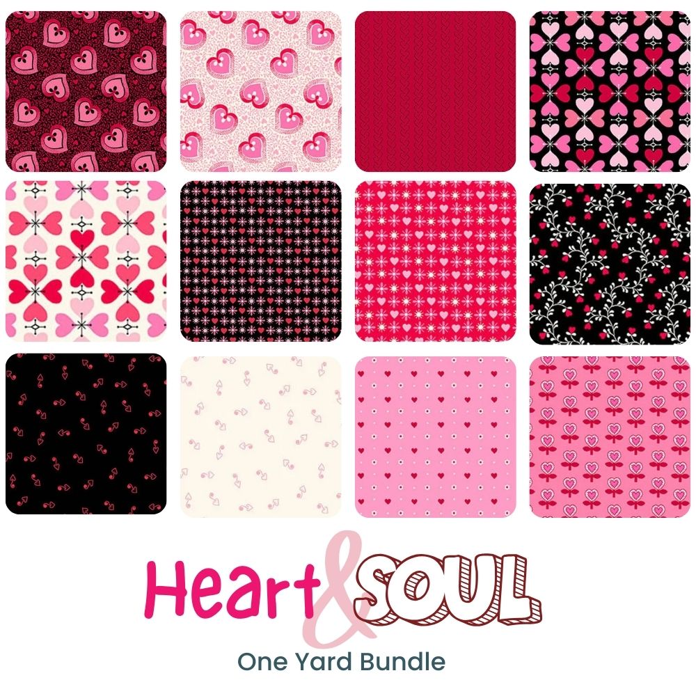 Twelve square fabric cuts in pink, red, black, and white heart and floral prints from the Andover Heart and Soul One Yard Bundle are displayed in a grid above the product name.