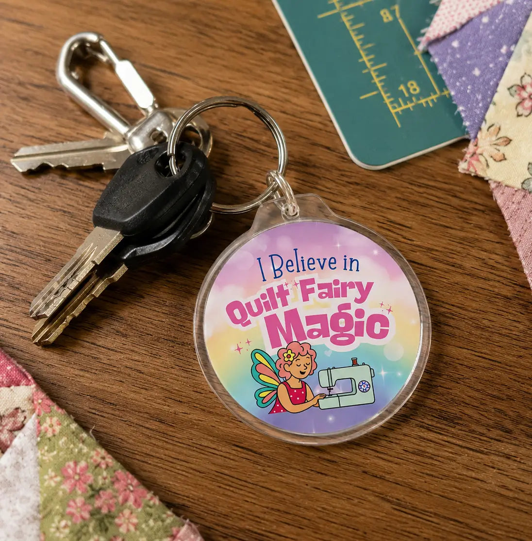 The Quilt Fairy Magic Keychain by Checker Distributor features a round charm with "I Believe in Quilt Fairy Magic," a cute cartoon fairy, and sewing machine—an adorable quilting accessory for any crafter.