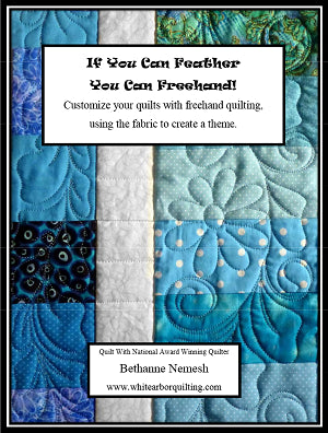 A quilt with blue, teal, and white patterned squares features ornate feather and swirl stitching. Text overlays invite customization using Garden Lines rulers. The Bethanne Nemesh Complete Book Collection from White Arbor Quilting is displayed.