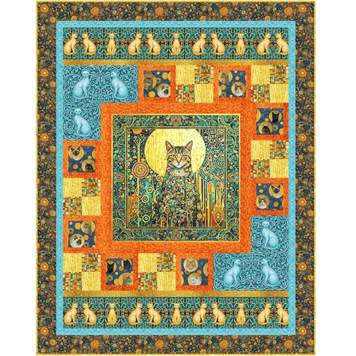 Imperial Cats quilt kit with stained-glass feline design in jewel tones and gold accents