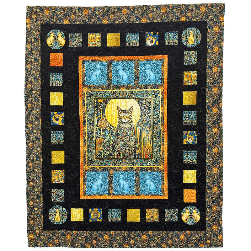 Imperial Cats quilt kit finished quilt with Klimt cat portrait and teal gold border