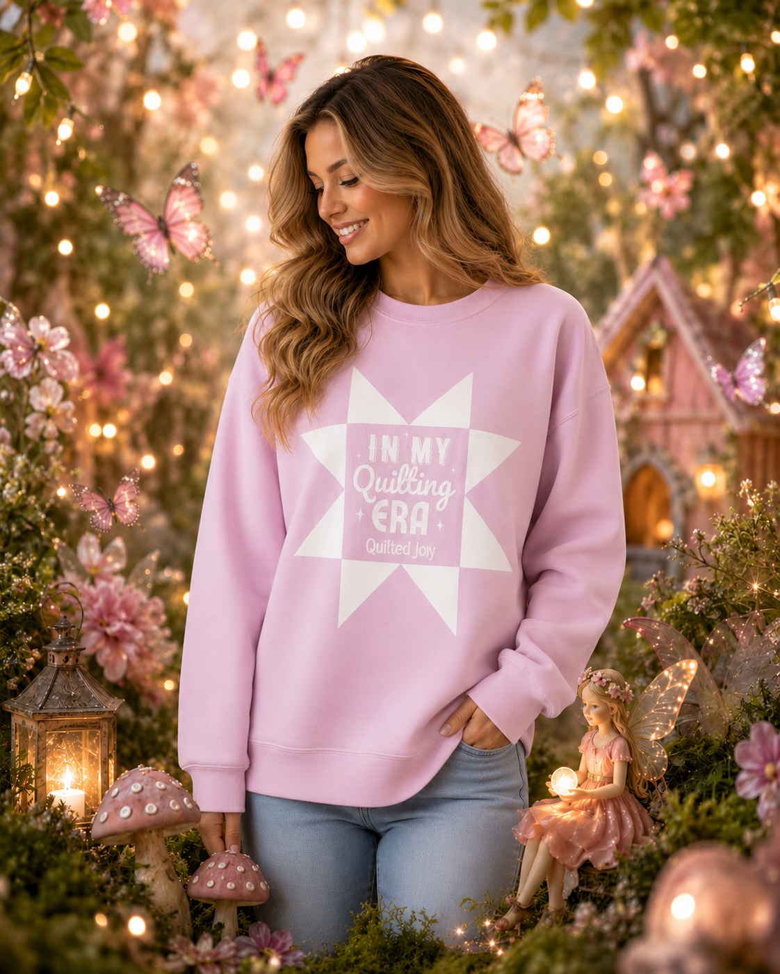 In My Quilting Era Pink Crewneck Sweatshirt - image 1 - quilting pins for securing fabric layers