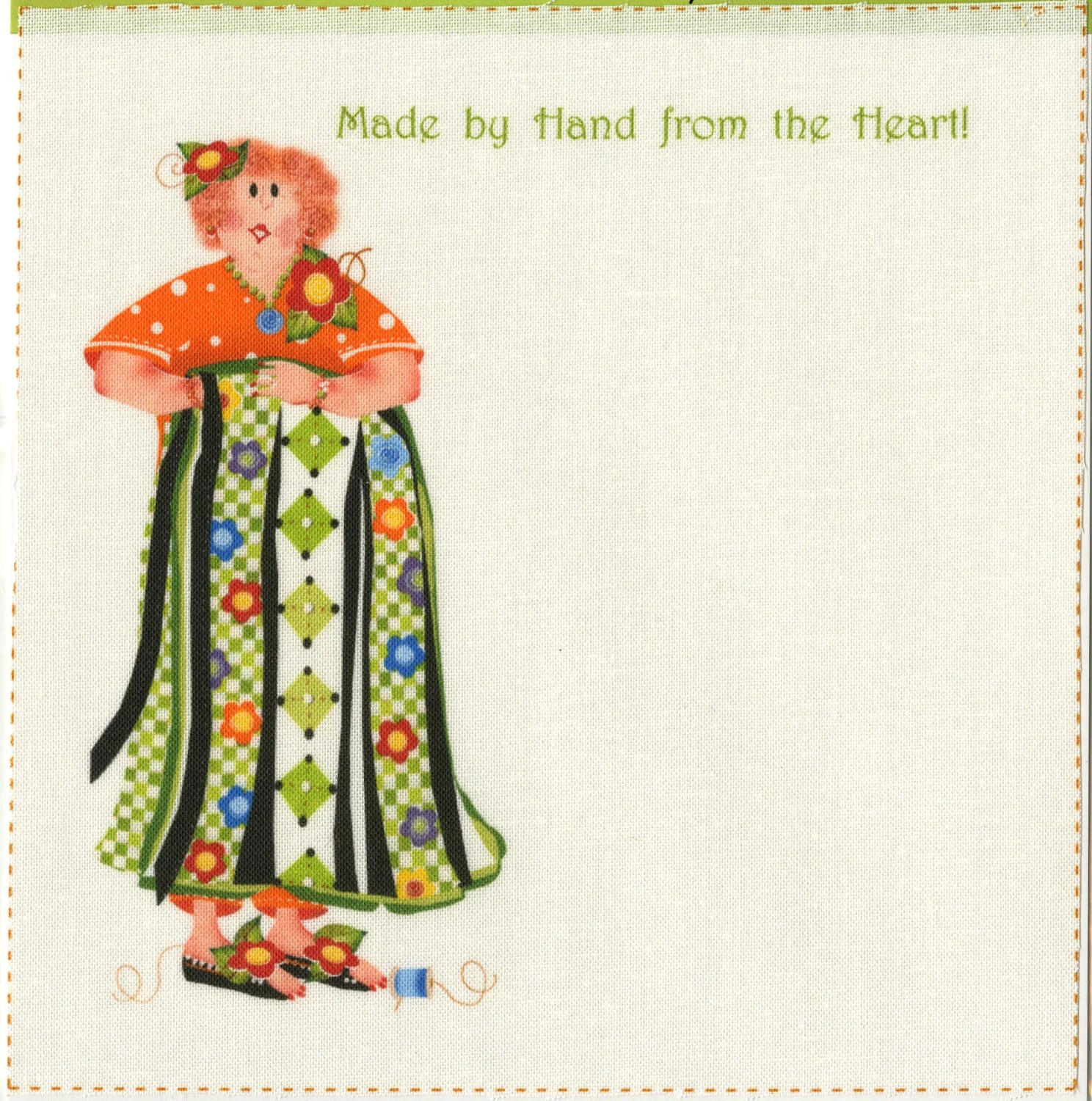 Quilting Faith Quilt Label 2 pack by Checker Distributor: Features a smiling woman in a patchwork dress holding a bouquet, "Made by Hand from the Heart!" text, and stitched edges—ideal for quilt labels or quilting projects. Blank background.