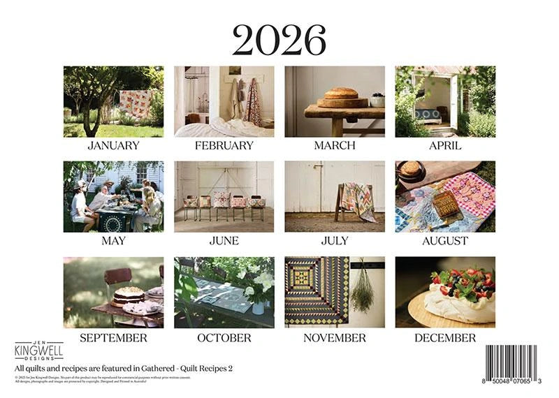 The 2026 Jen Kingwell Calendar features monthly quilt, food, and garden photos—each vintage-inspired month showcases cozy scenes and includes quilt recipes for homemade inspiration.