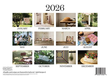 The 2026 Jen Kingwell Calendar features monthly quilt, food, and garden photos—each vintage-inspired month showcases cozy scenes and includes quilt recipes for homemade inspiration.
