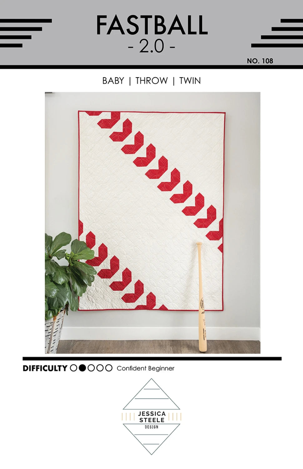 Fastball 2.0 quilt pattern cover with red and white baseball stitch design by Jessica Steele