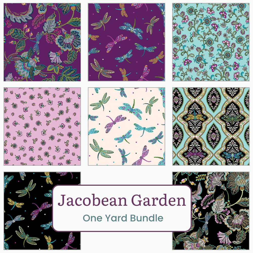 A collage of eight vibrant Benartex Jacobean Garden One Yard Bundle fabric cuts features floral, paisley, and dragonfly patterns—ornate styles perfect for creative sewing projects.