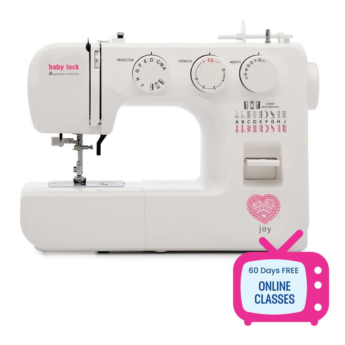 A white Baby Lock Joy sewing machine with pink accents, dials, and stitch options shown. An icon in the lower right corner advertises “60 Days Free Online Classes.