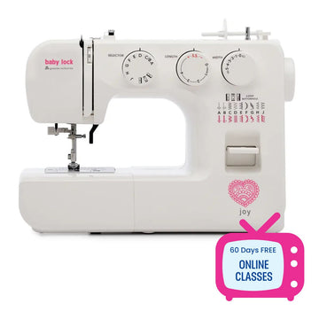 A white Baby Lock Joy sewing machine with pink accents, dials, and stitch options shown. An icon in the lower right corner advertises “60 Days Free Online Classes.