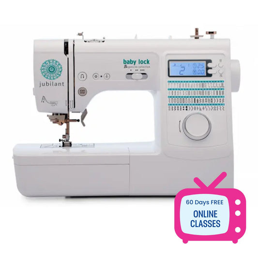 The Baby Lock Jubilant Sewing Machine by Baby Lock is perfect for beginners, featuring a digital display and multiple stitch options. Displayed with a pink icon stating 60 Days FREE ONLINE SEWING CLASSES.