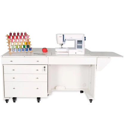 The Kangaroo & Joey Cabinet Set (available in 3 colors) features wheels, drawers, a spacious top for your sewing machine, storage for thread spools and pincushions, plus an extendable side table for extra workspace in your sewing room.
