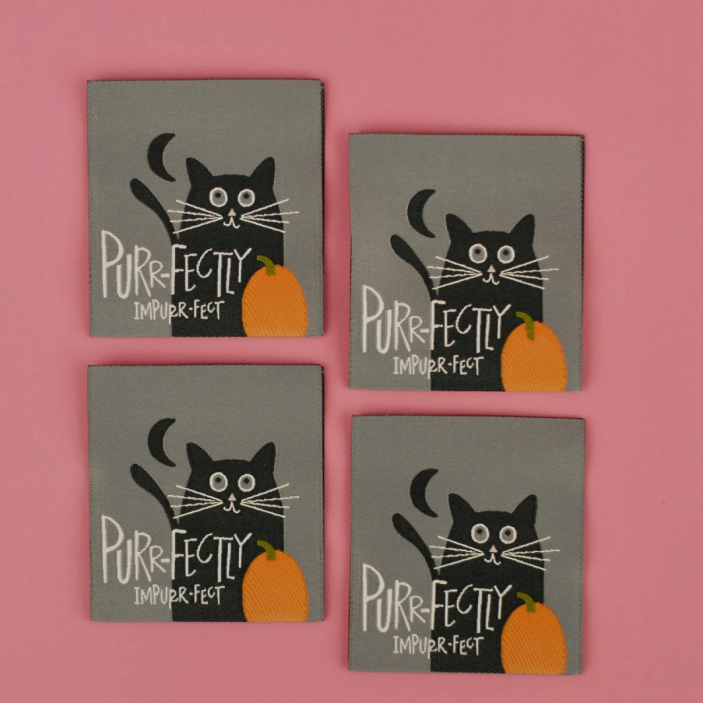 Purrfectly Impurrfect cat-themed sew-in quilt labels pack