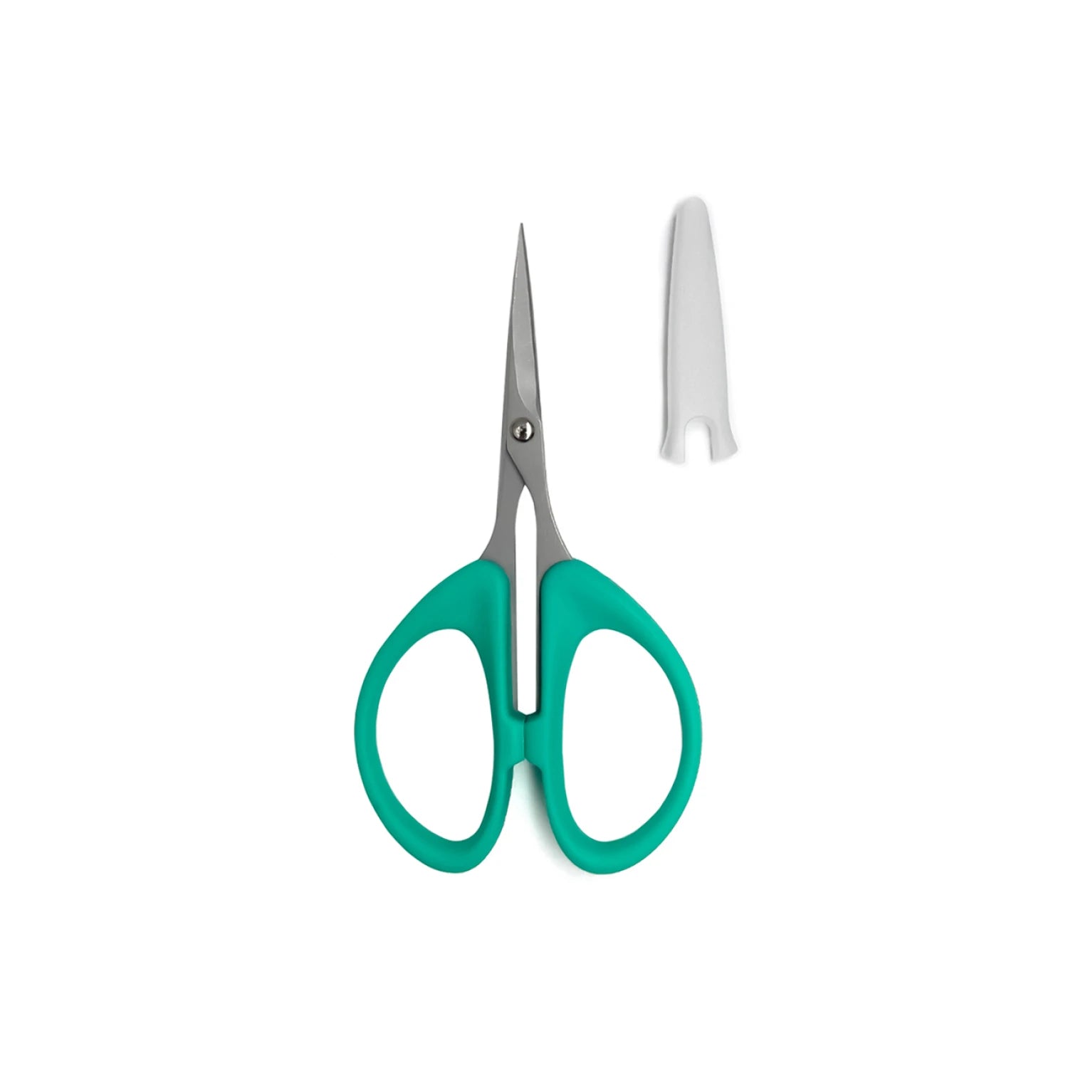 The Checker Distributor Perfect Scissors Teal 4-3/16in feature small knife-edge multipurpose blades and ergonomic teal grips, shown with a white plastic blade cover—ideal for precise cutting on a plain white background.