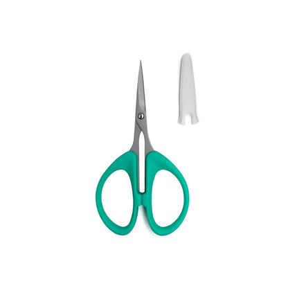 The Checker Distributor Perfect Scissors Teal 4-3/16in feature small knife-edge multipurpose blades and ergonomic teal grips, shown with a white plastic blade cover—ideal for precise cutting on a plain white background.