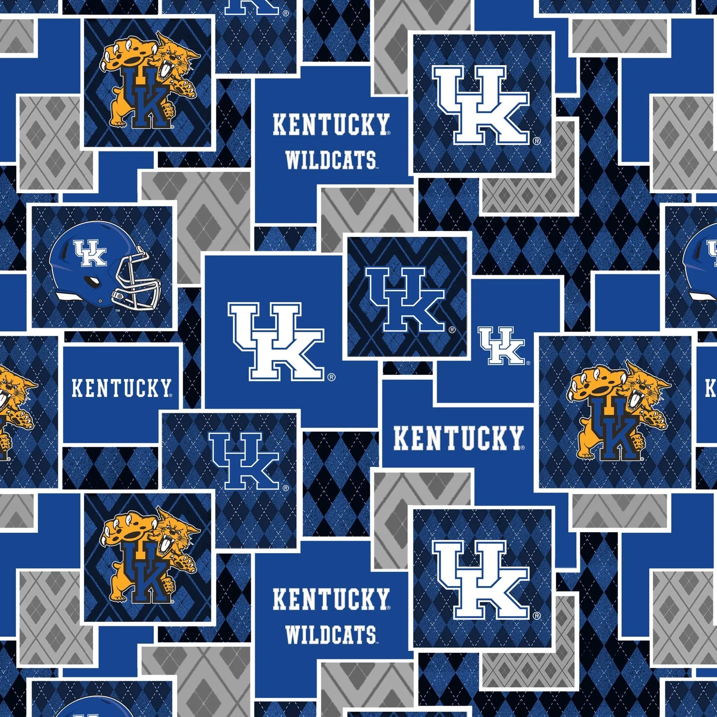 UK Wildcats NCAA College Argyle Boxes Fabric Yardage - quilt fabric for sewing and quilting projects