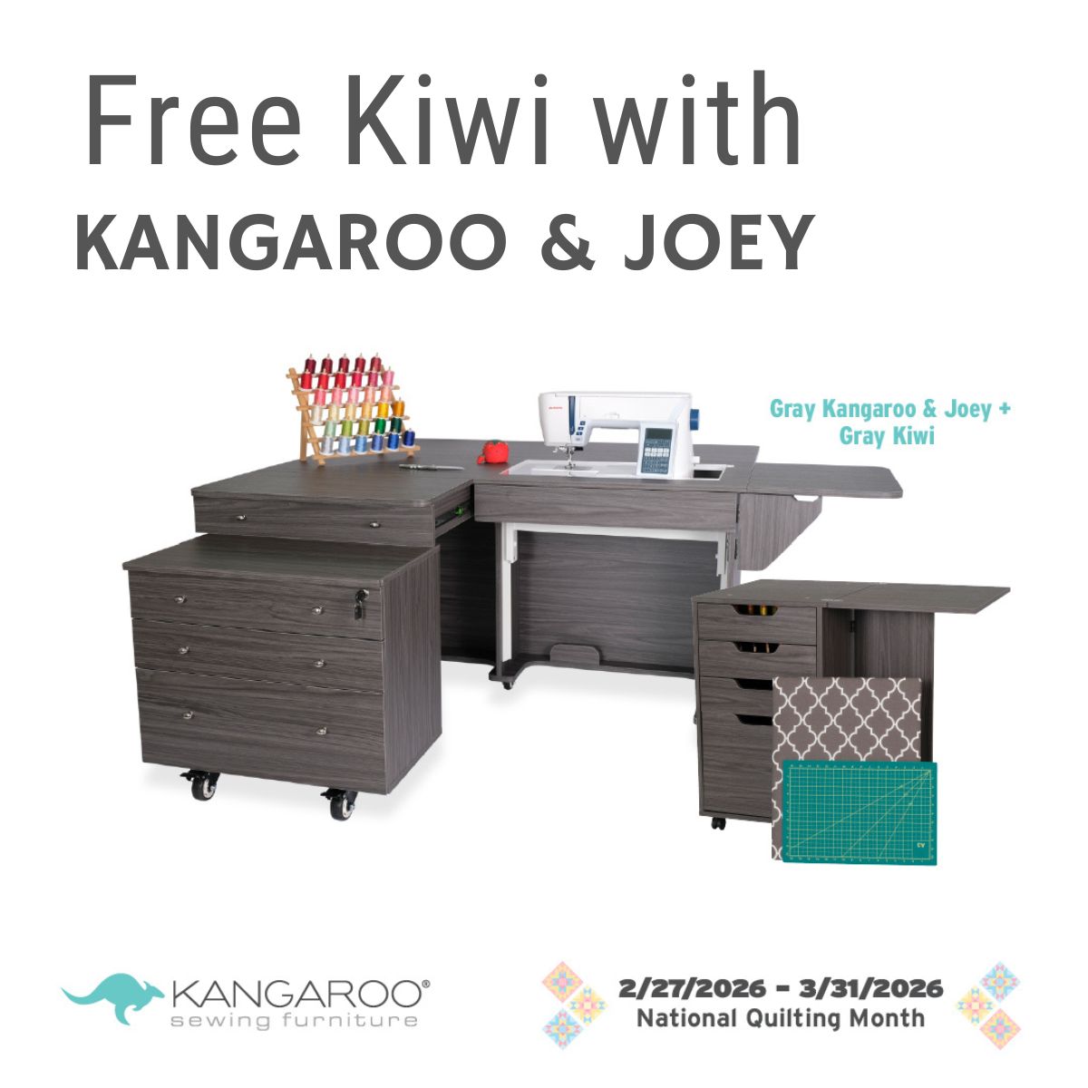 The Quilted Joy Kangaroo & Joey Cabinet Set (3 Colors Available) features shelves, a pull-out table, thread racks, a cutting mat, and sewing machine space. Free Kiwi with purchase! See promotion dates. Includes Kangaroo Sewing Furniture logo.