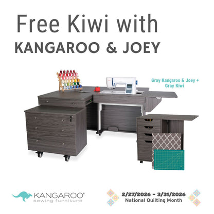 The Quilted Joy Kangaroo & Joey Cabinet Set (3 Colors Available) features shelves, a pull-out table, thread racks, a cutting mat, and sewing machine space. Free Kiwi with purchase! See promotion dates. Includes Kangaroo Sewing Furniture logo.