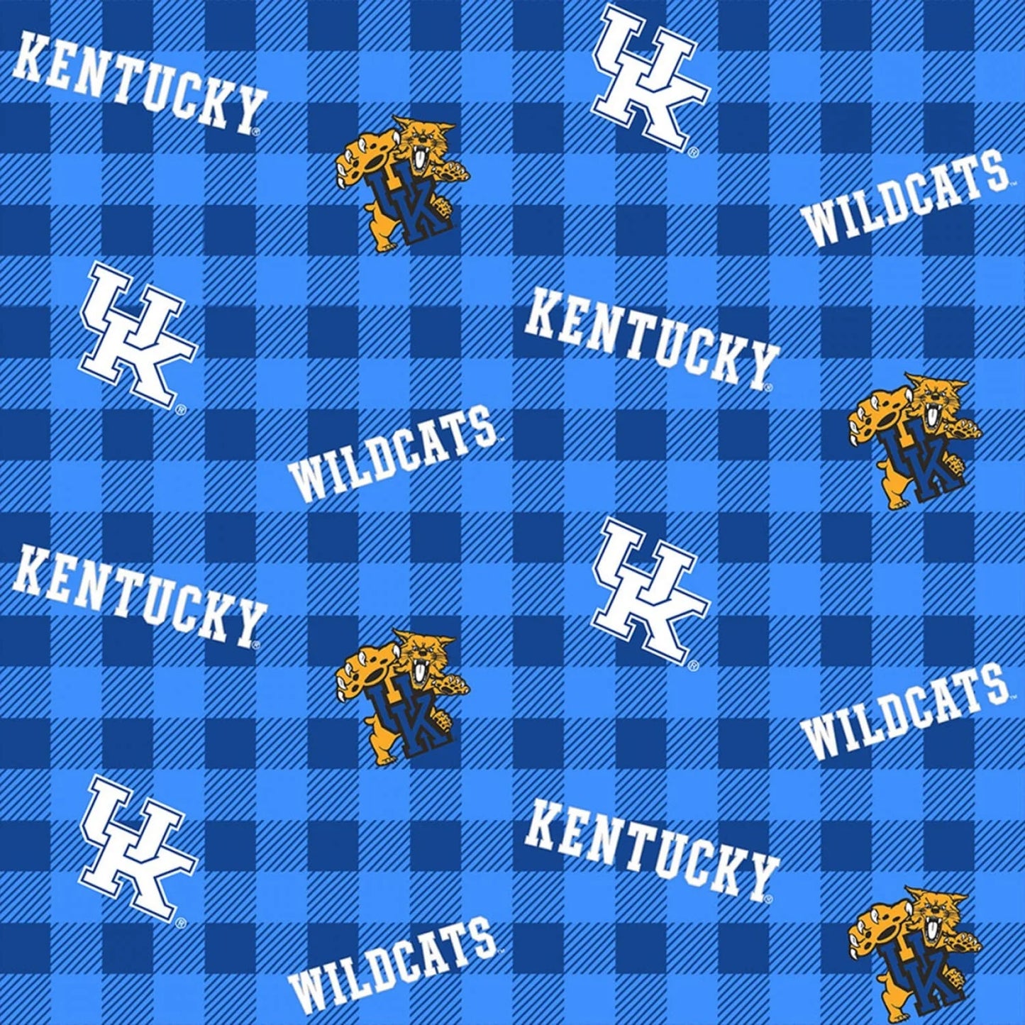 University of Kentucky Buffalo Plaid Fabric Yardage features a blue gingham plaid pattern with white KENTUCKY, WILDCATS text, UK logos, and wildcat mascots in blue sweaters—ideal for any University of Kentucky fan project.