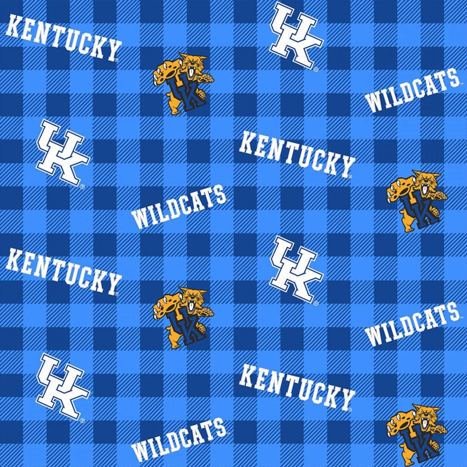 University of Kentucky Buffalo Plaid Fabric Yardage features a blue gingham plaid pattern with white KENTUCKY, WILDCATS text, UK logos, and wildcat mascots in blue sweaters—ideal for any University of Kentucky fan project.