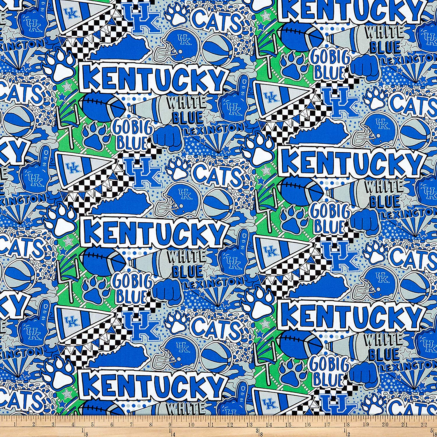 University of Kentucky Pop Art Fabric Yardage features blue and white University of Kentucky themes, including paw prints, foam fingers, megaphones, and Wildcats logos like "Go Big Blue," "Cats," and "UK" in an allover pattern.