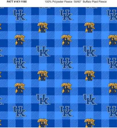 University of Kentucky Buffalo Plaid Fleece Fabric Yardage features blue checks with alternating UK logos and wildcat mascots—a cozy, stylish choice for Wildcats fans and crafting projects.